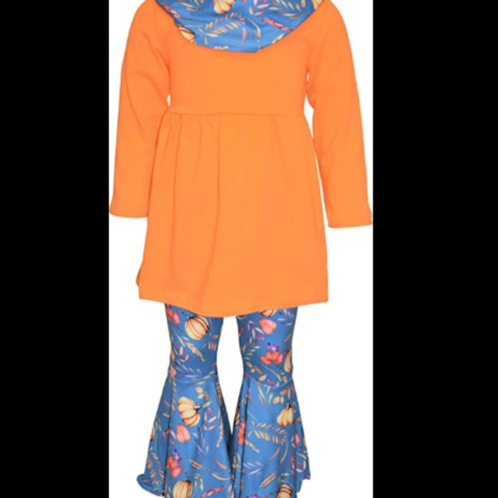 Unique Baby Girls Fall Outfit with Infinity Scarf Orange Blue Pumpkin 2T/XS (P1)